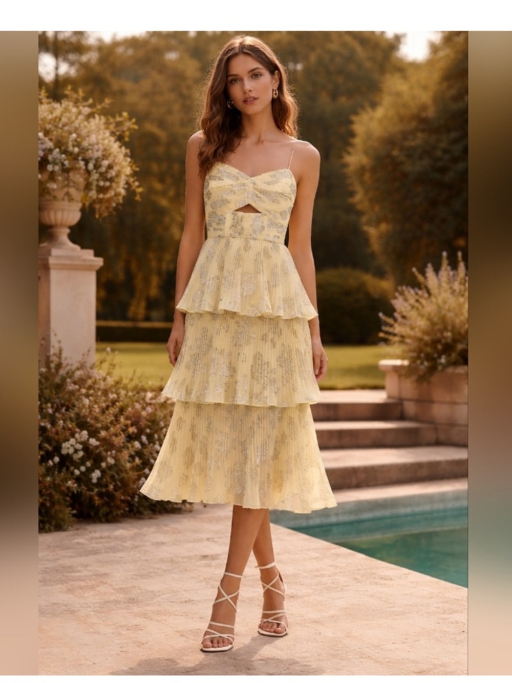 Self-Portrait Yellow Metallic Jacquard
Tiered Midi Dress Sz 12